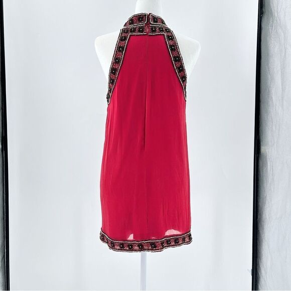 NBD Red Floral Black Gold Beaded Halter Cocktail Mini Dress Size Large - Picture 3 of 12
